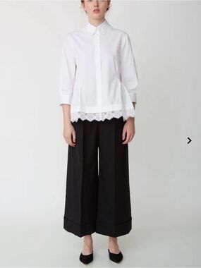 Simone Rocha White Poplin Trim Button-Up Blouse 3/4 sleeve